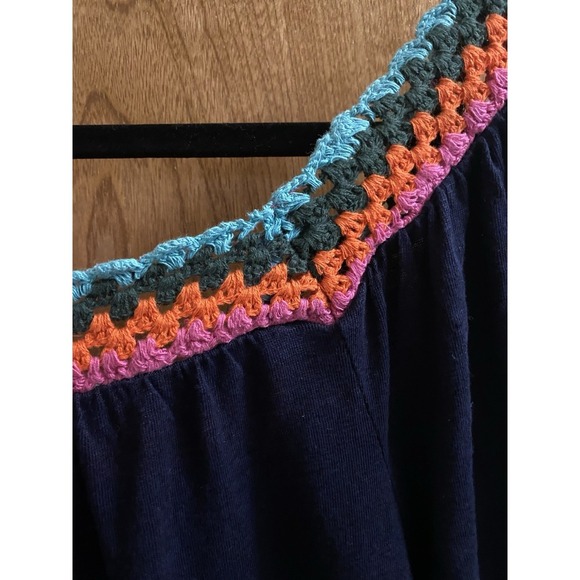 Boden Crochet Multicolor Square Neck Navy Linen Blouse Size 6 Flowy Puff Sleeve - Picture 14 of 14